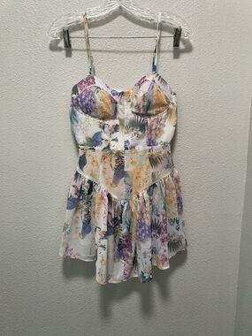 Cider Floral Mini Dress in White with Yellow, Purple, Blue Accents